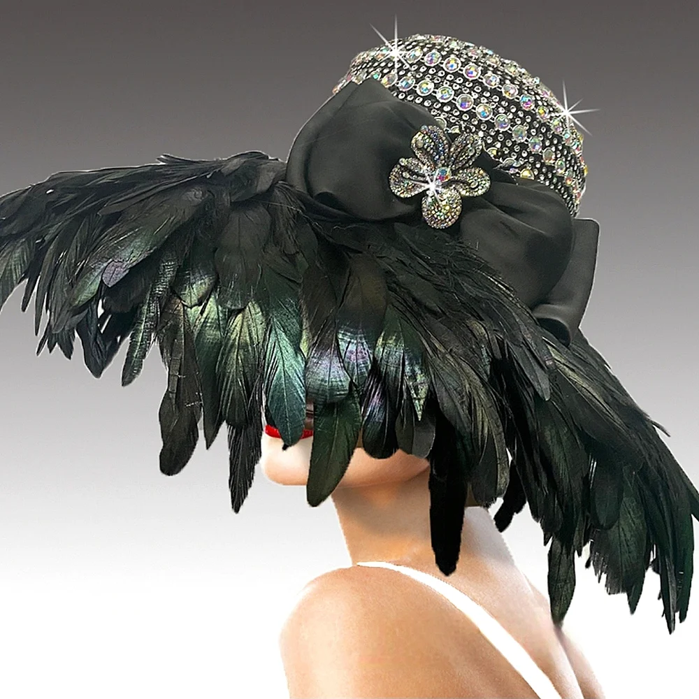 Beloved Millinery Opulent Black Couture Feathered Jeweled Wide Winter Hat